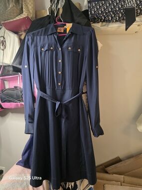 Tory Burch Beautiful Navy Blue Silk/Cotton Emmanuelle Belted Dress. NWT. SIZE 6